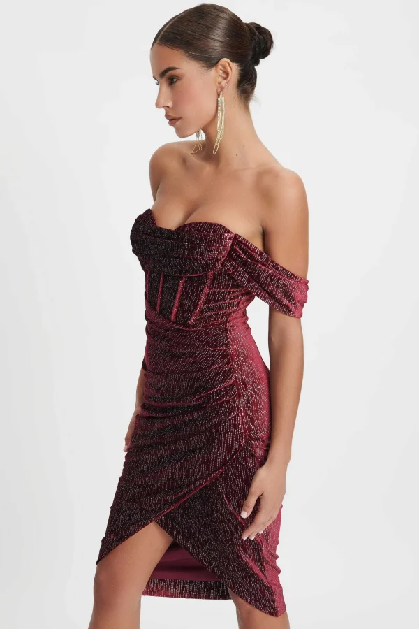 Lavish Alice Blake Diamante Velvet Pleated Off Shoulder Midi Dress In Burgundy Discount