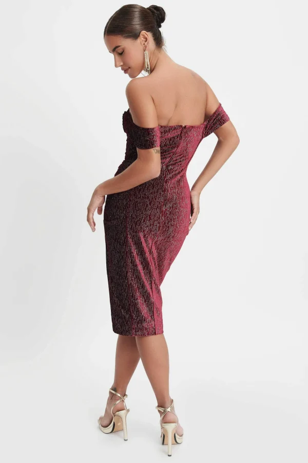 Lavish Alice Blake Diamante Velvet Pleated Off Shoulder Midi Dress In Burgundy Discount
