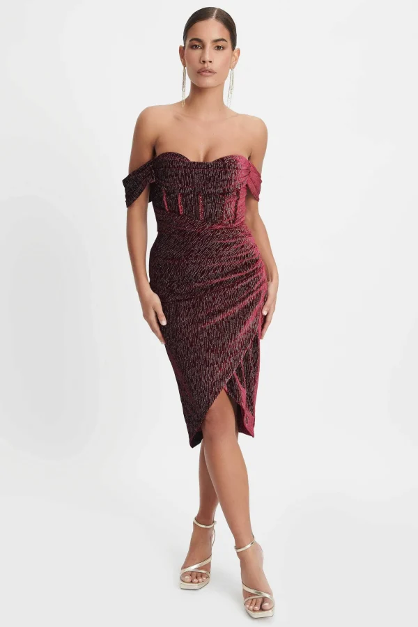 Lavish Alice Blake Diamante Velvet Pleated Off Shoulder Midi Dress In Burgundy Discount