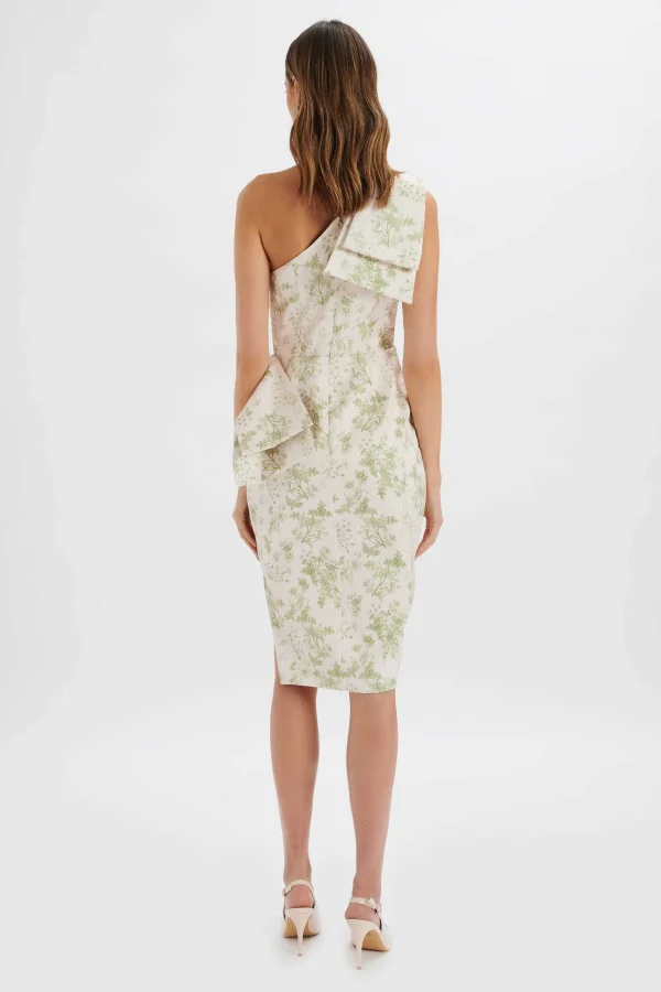 Lavish Alice Bloom One Shoulder Bow Detail Satin Midi Dress In Green Porcelain Print Shop