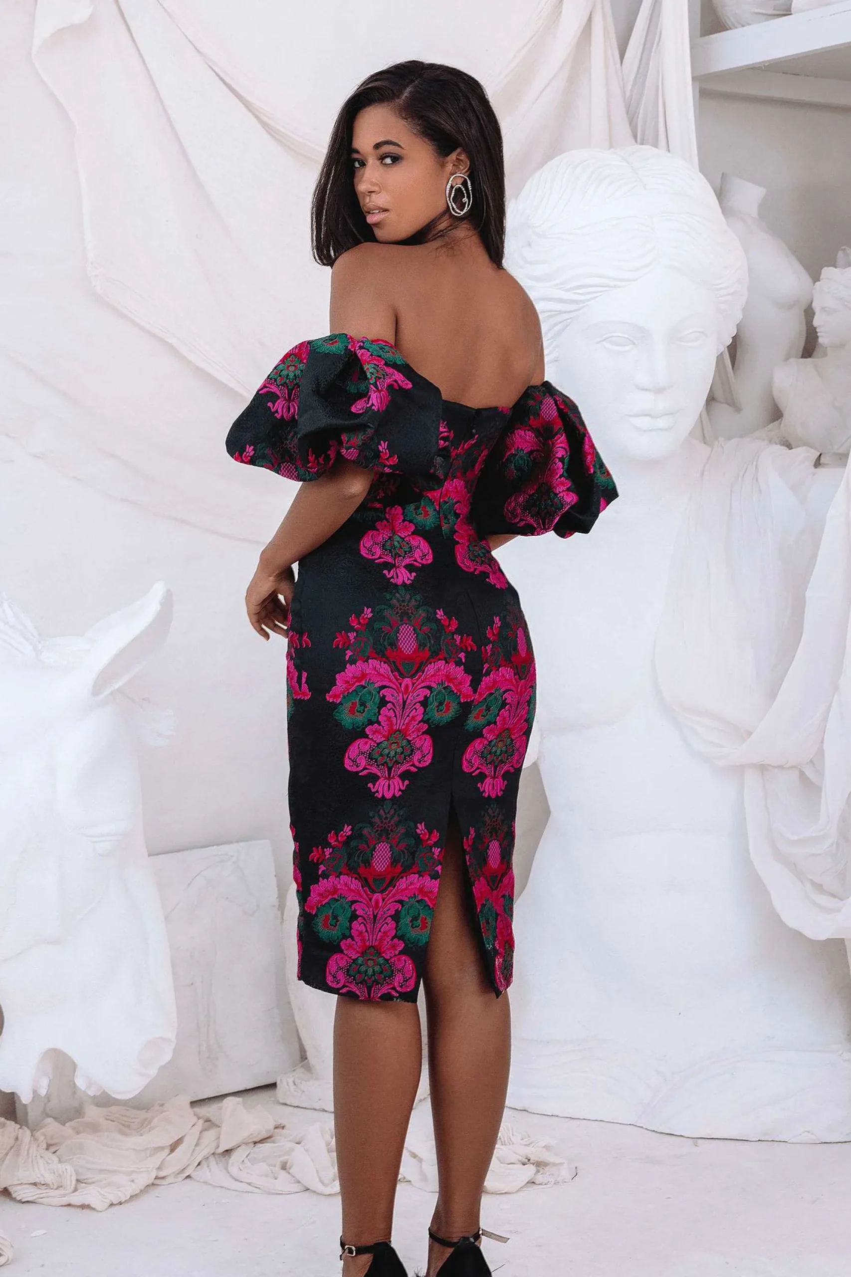 capri_jacquard_volume_sle_2.webp Lavish Alice Capri Jacquard Volume Sleeve Bardot Midi Dress In Black Clearance