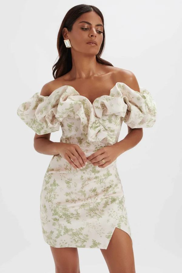 Lavish Alice Carrie Bonded Satin Bardot Mini Dress In Green Porcelain Print Sale