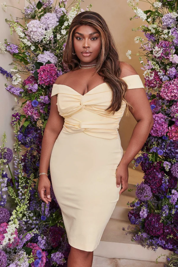 Lavish Alice Claire Curve Off Shoulder Twist Ponte Midi Dress In Butter Cheap