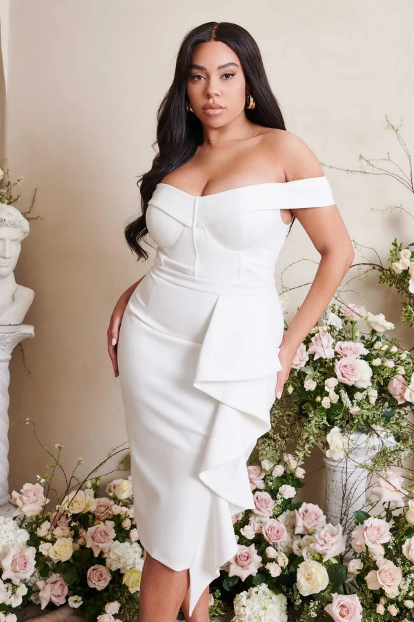 Lavish Alice Eden Curve Off Shoulder Ruffle Midi Dress In White Cheap