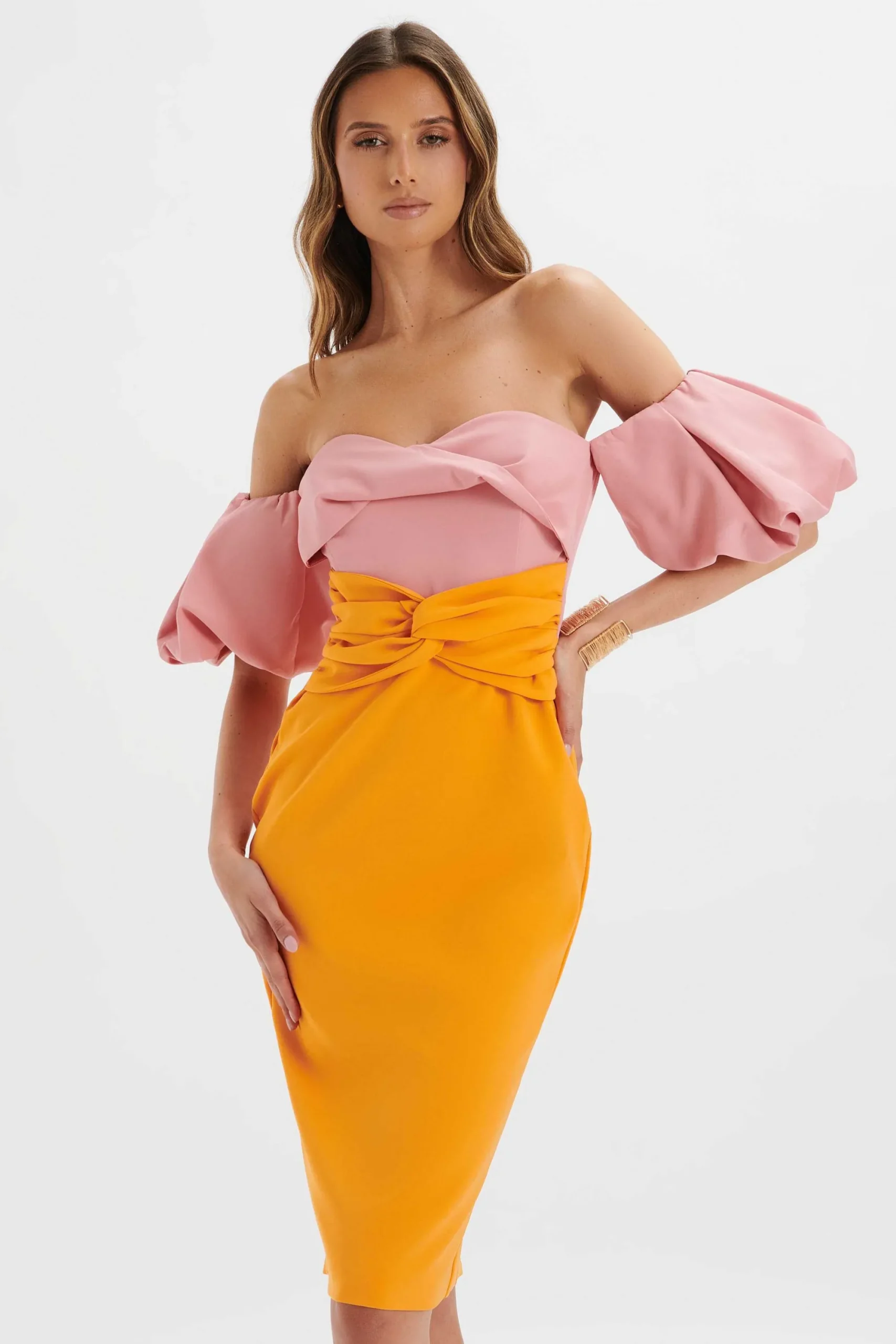 eliza_colour_block_twiste_1.webp Lavish Alice Eliza Colour Block Twisted Midi Dress In Pink & Papaya Best Sale
