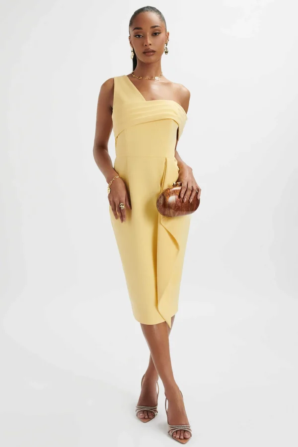 Lavish Alice Hannah Pleated Asymmetric Off Shoulder Midi Dress In Pastel Yellow Outlet