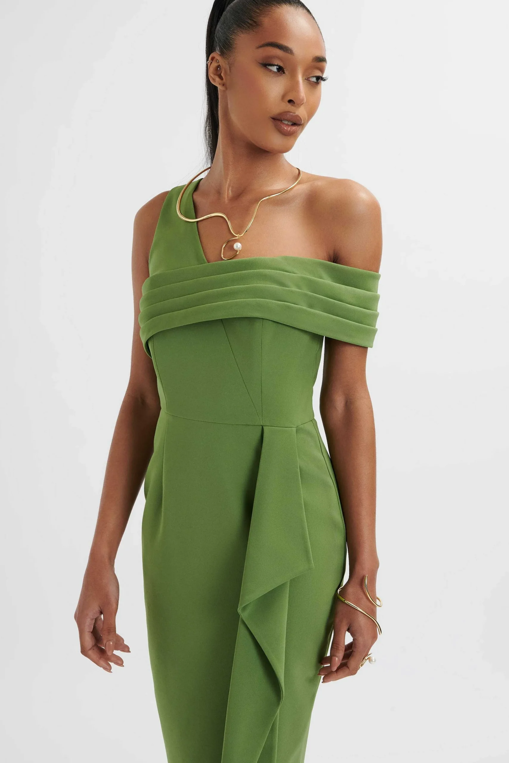 hannah_pleated_asymmetric_2.webp Lavish Alice Hannah Pleated Asymmetric Off Shoulder Midi Dress In Green Cheap