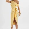 Lavish Alice Honey Asymmetric Pleated Bow Midi Dress In Pastel Yellow Cheap