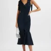 Lavish Alice Indie Satin Cowl Neck Micro Button Longline Midi Dress In Navy Hot