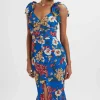 Lavish Alice Kamila Tie Strap Micro Button Longline Midi Dress In Blue Floral Satin Fashion