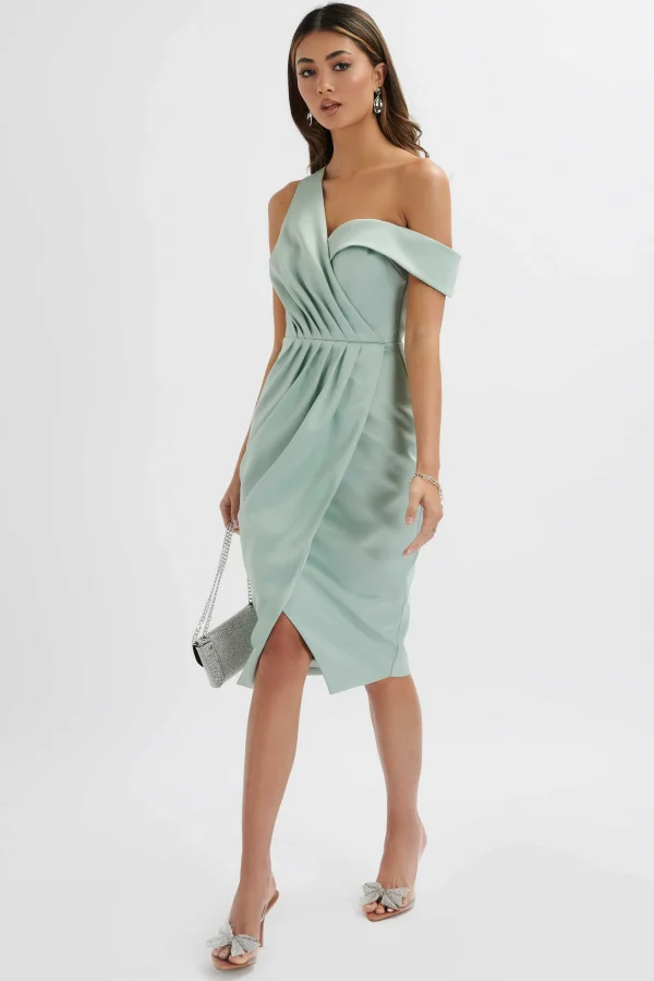 Lavish Alice Maja One Shoulder Pleated Bonded Satin Midi Dress In Sage Green Cheap