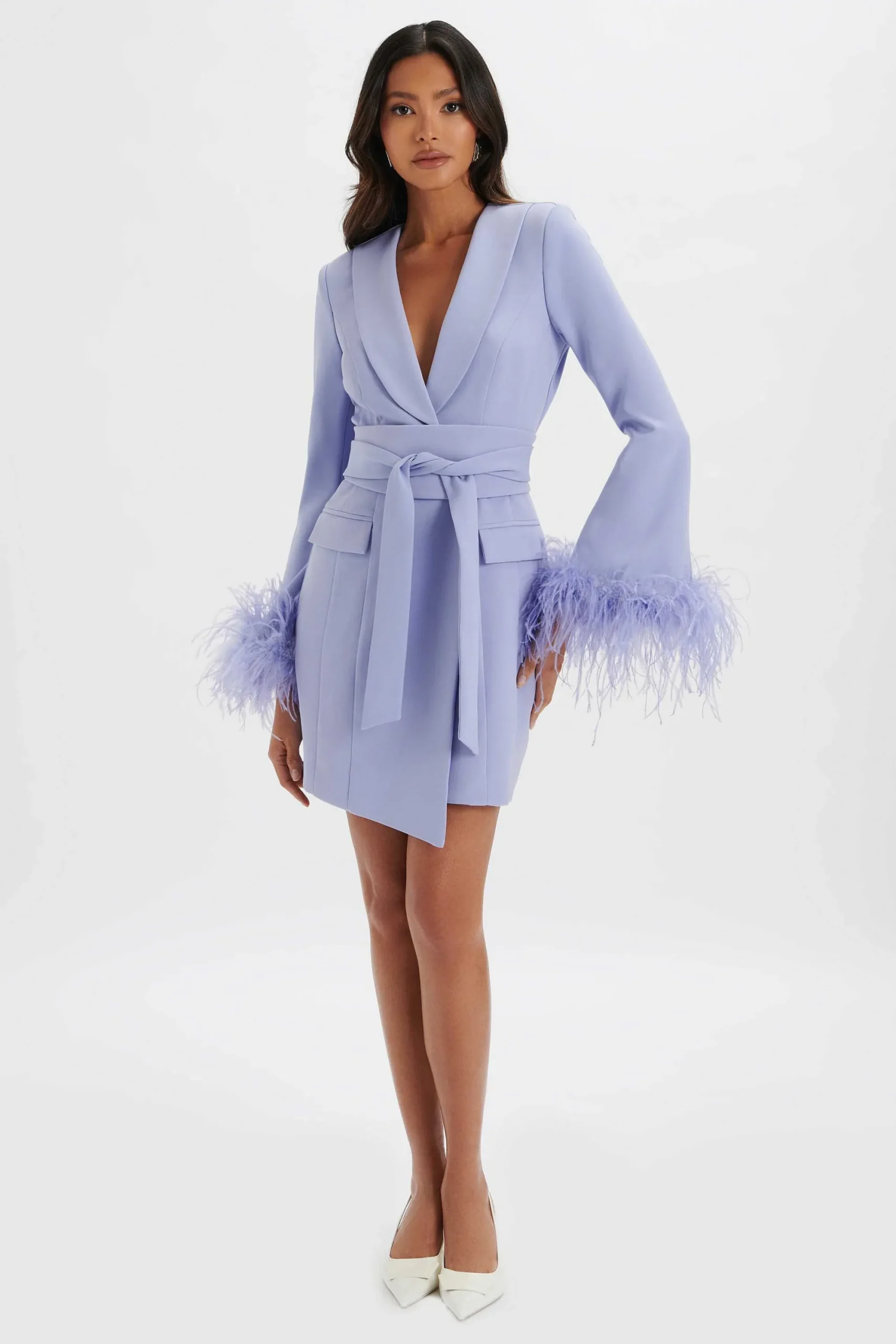 nikola_feather_cuff_blaze_0.webp Lavish Alice Nikola Feather Cuff Blazer Dress In Cornflower Blue Store