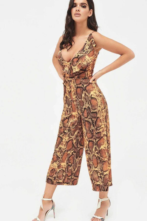 Lavish Alice Nora Satin Frill Wrap Culotte Jumpsuit In Golden Yellow Snake Print Fashion