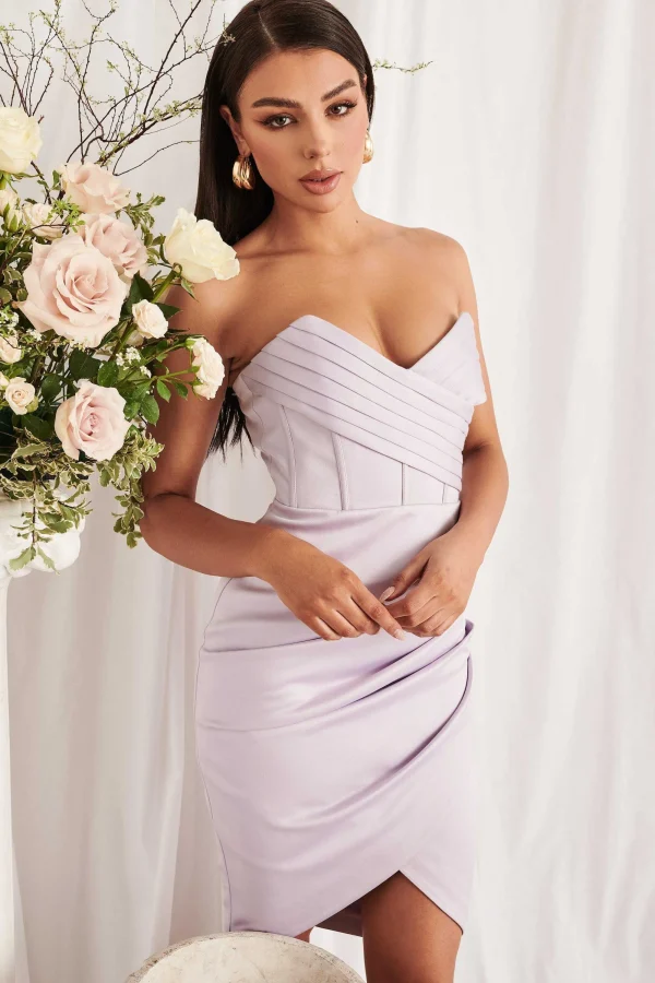 Lavish Alice Piper Satin Pleated Corset Bandeau Midi Dress In Lilac Shop
