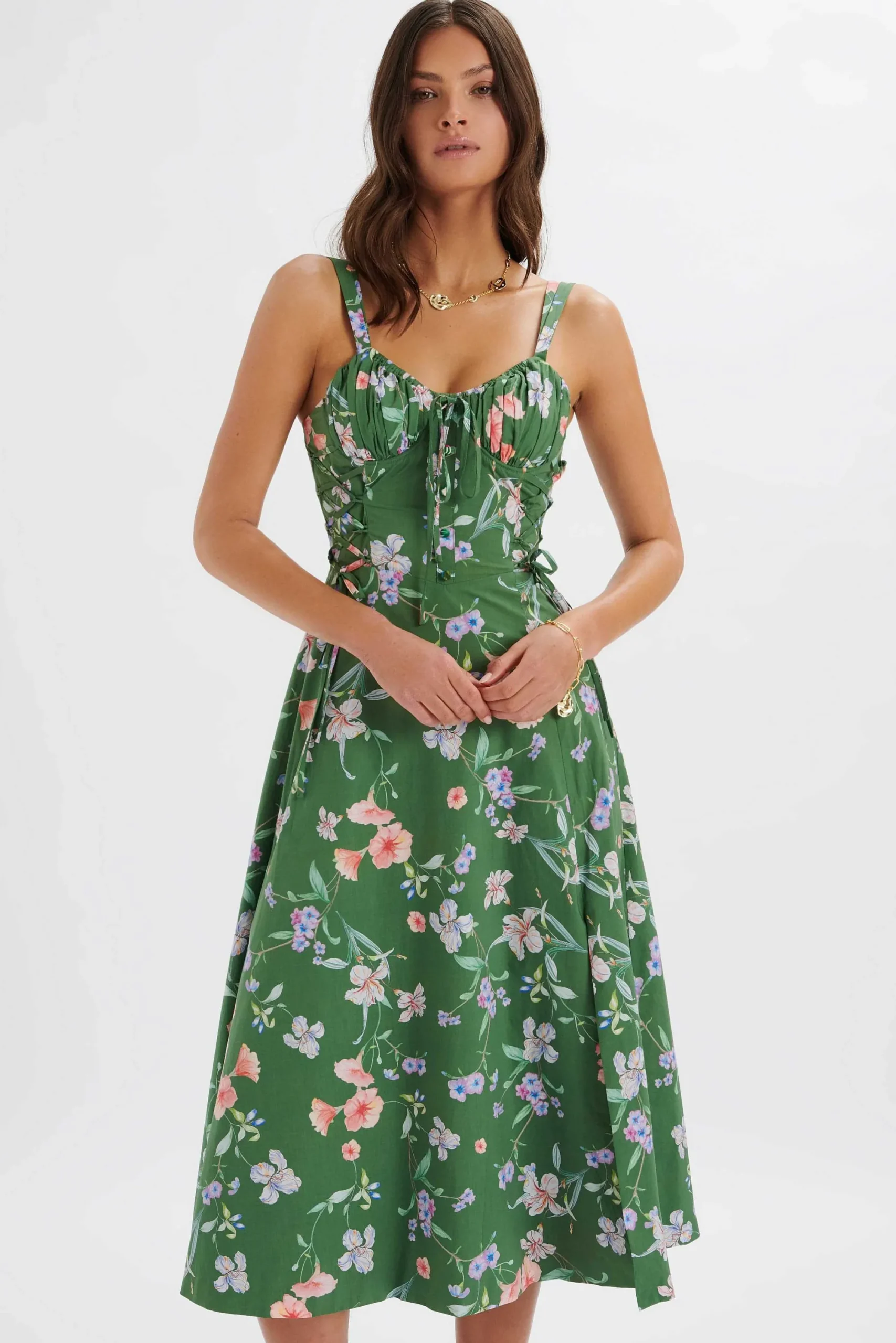 rosey_gathered_longline_d_0.webp Lavish Alice Rosey Gathered Longline Dress In Green Floral Print Cheap