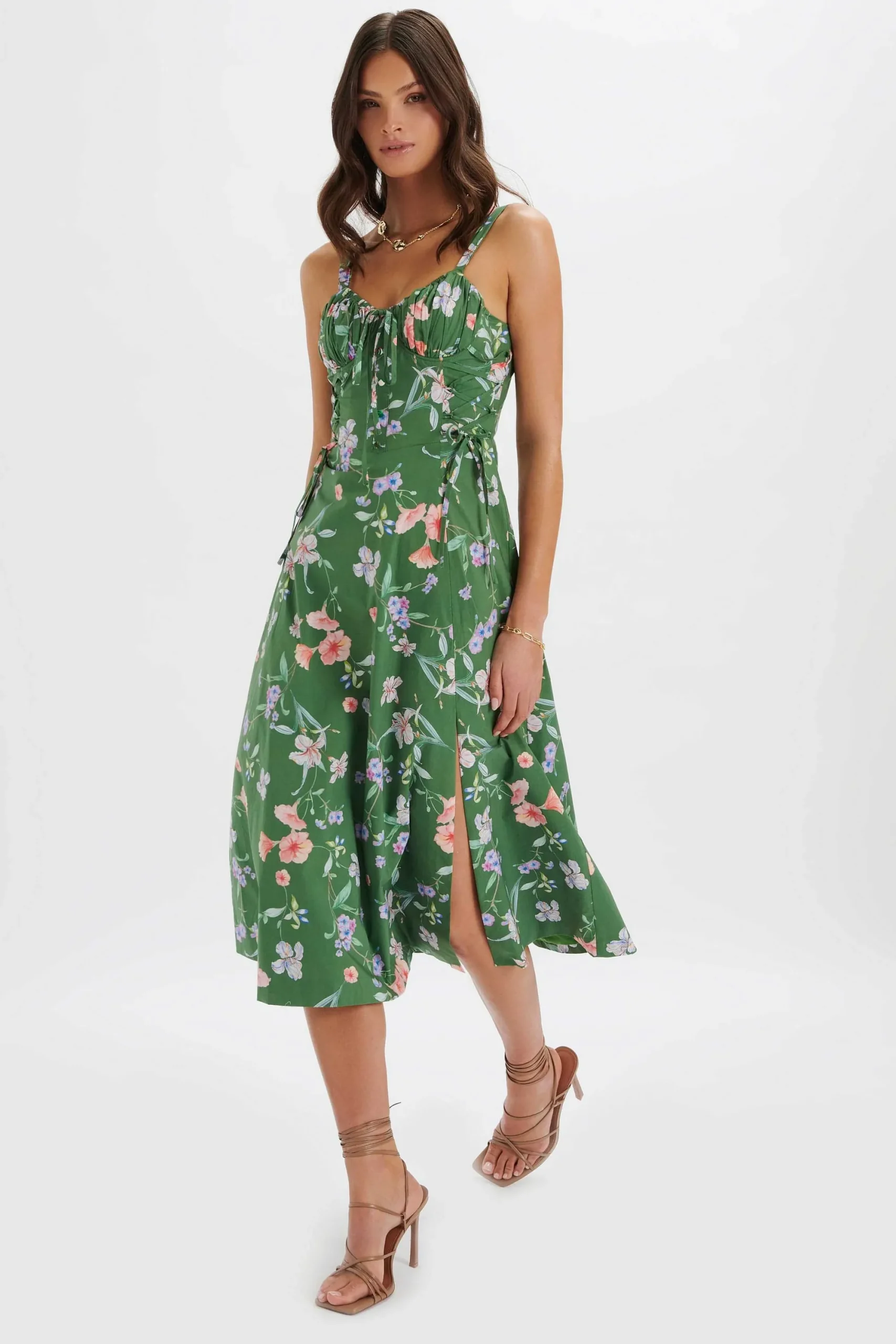 rosey_gathered_longline_d_1.webp Lavish Alice Rosey Gathered Longline Dress In Green Floral Print Cheap