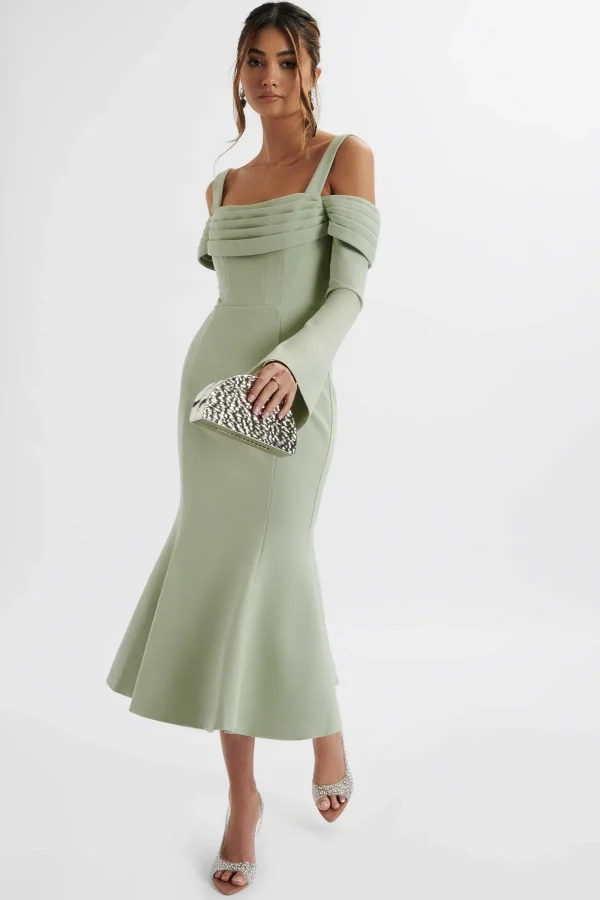 Lavish Alice Sia Ponte Pleated Cowl Longline Midi Dress In Sage Green Outlet