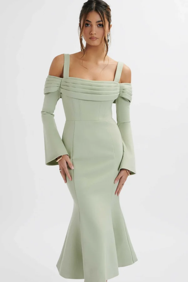 Lavish Alice Sia Ponte Pleated Cowl Longline Midi Dress In Sage Green Outlet