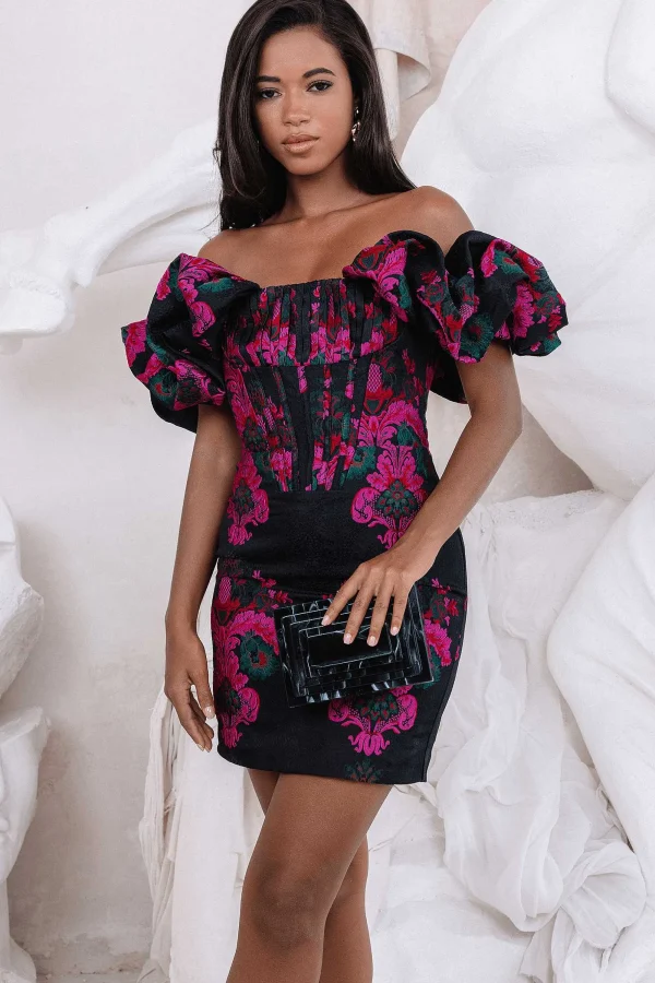 Lavish Alice Stacia Jacquard Puff Sleeve Mini Dress In Black & Purple Hot